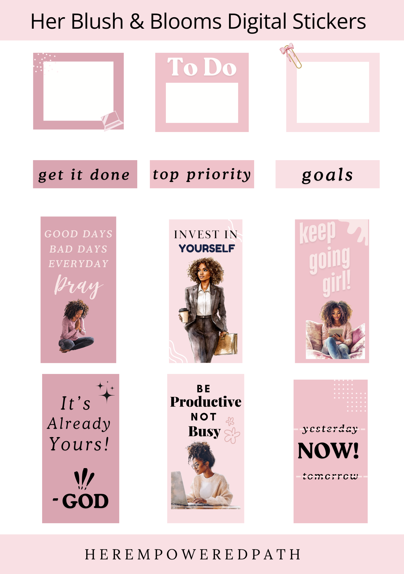 Her Blush & Blooms Spring Collection - Pre-Cropped Digital Stickers 🌸✨ - Goodnotes Sticker Sheets - Best digital planner stickers for GoodNotes