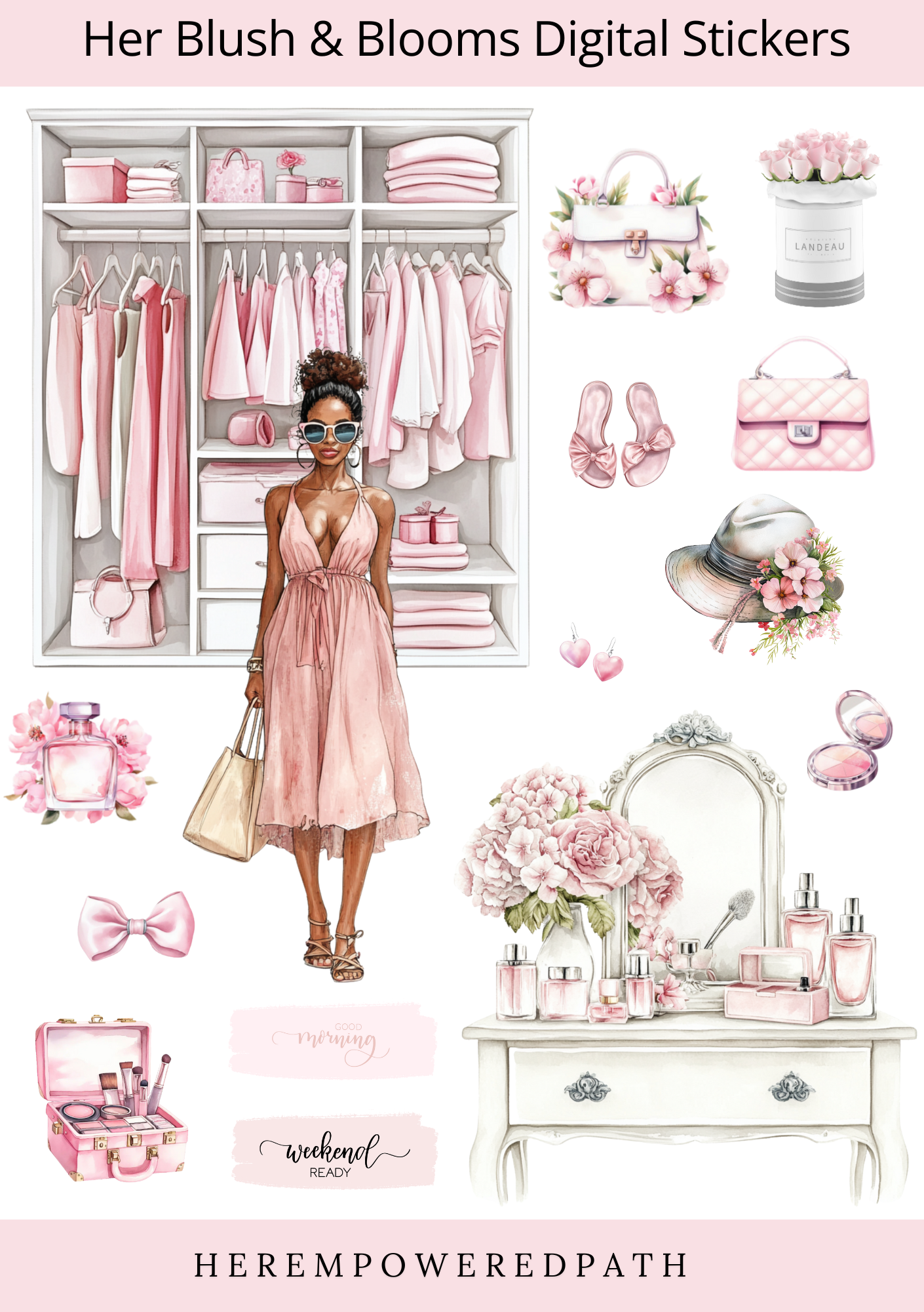 Her Blush & Blooms Spring Collection - Pre-Cropped Digital Stickers 🌸✨ - Goodnotes Sticker Sheets - Best digital planner stickers for GoodNotes