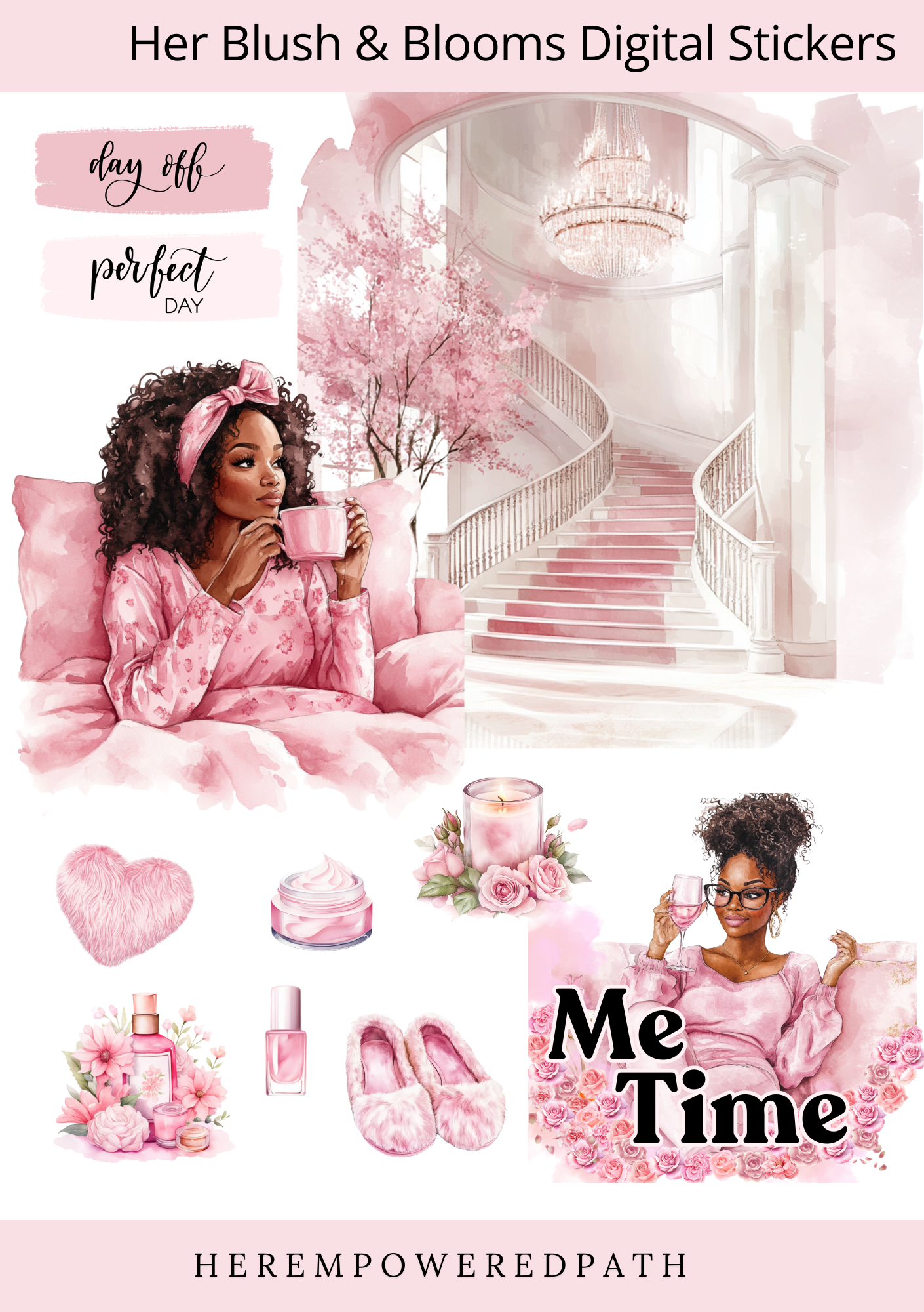 Her Blush & Blooms Spring Collection - Pre-Cropped Digital Stickers 🌸✨ - Goodnotes Sticker Sheets - Best digital planner stickers for GoodNotes