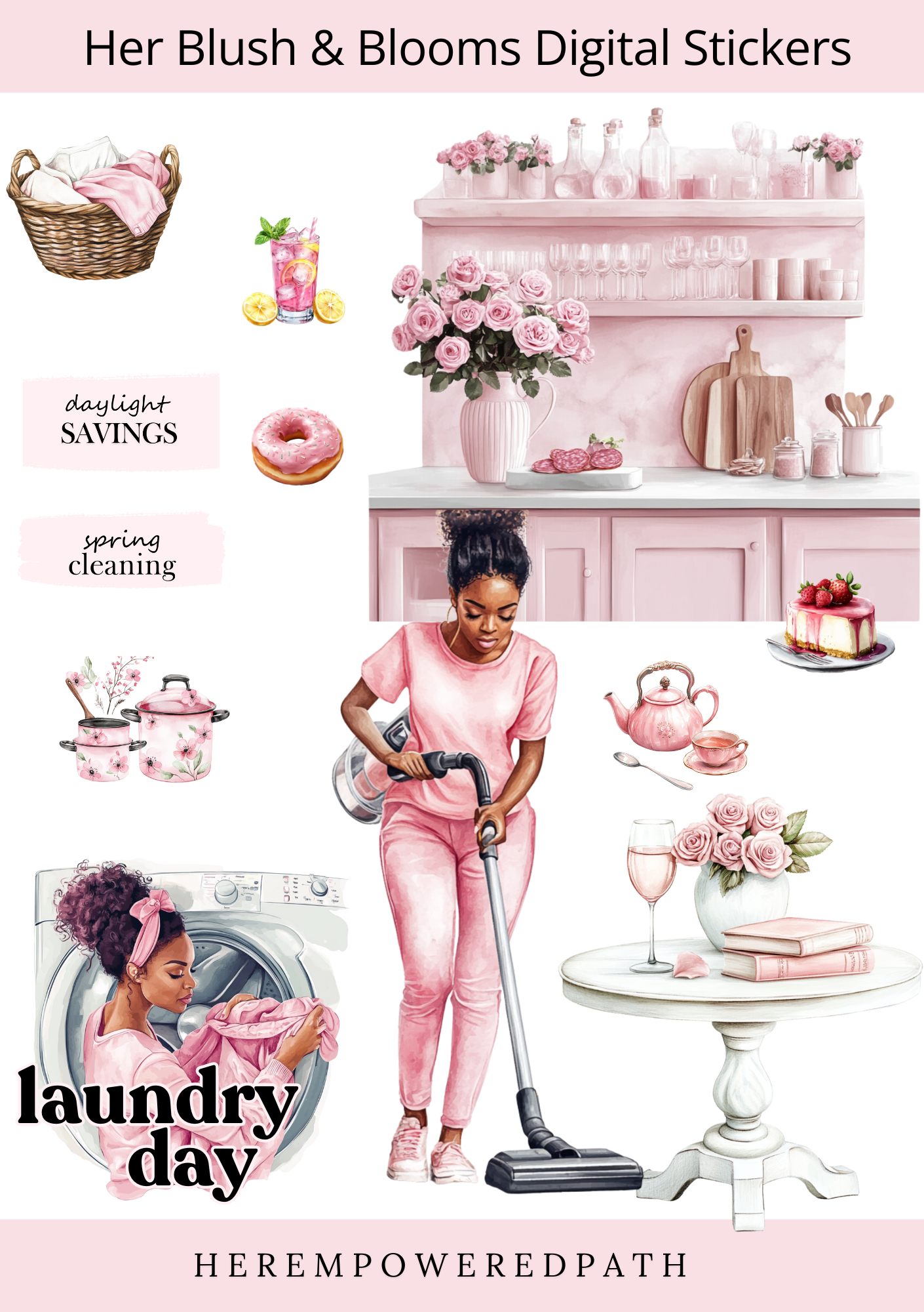 Her Blush & Blooms Spring Collection - Pre-Cropped Digital Stickers 🌸✨ - Goodnotes Sticker Sheets - Best digital planner stickers for GoodNotes