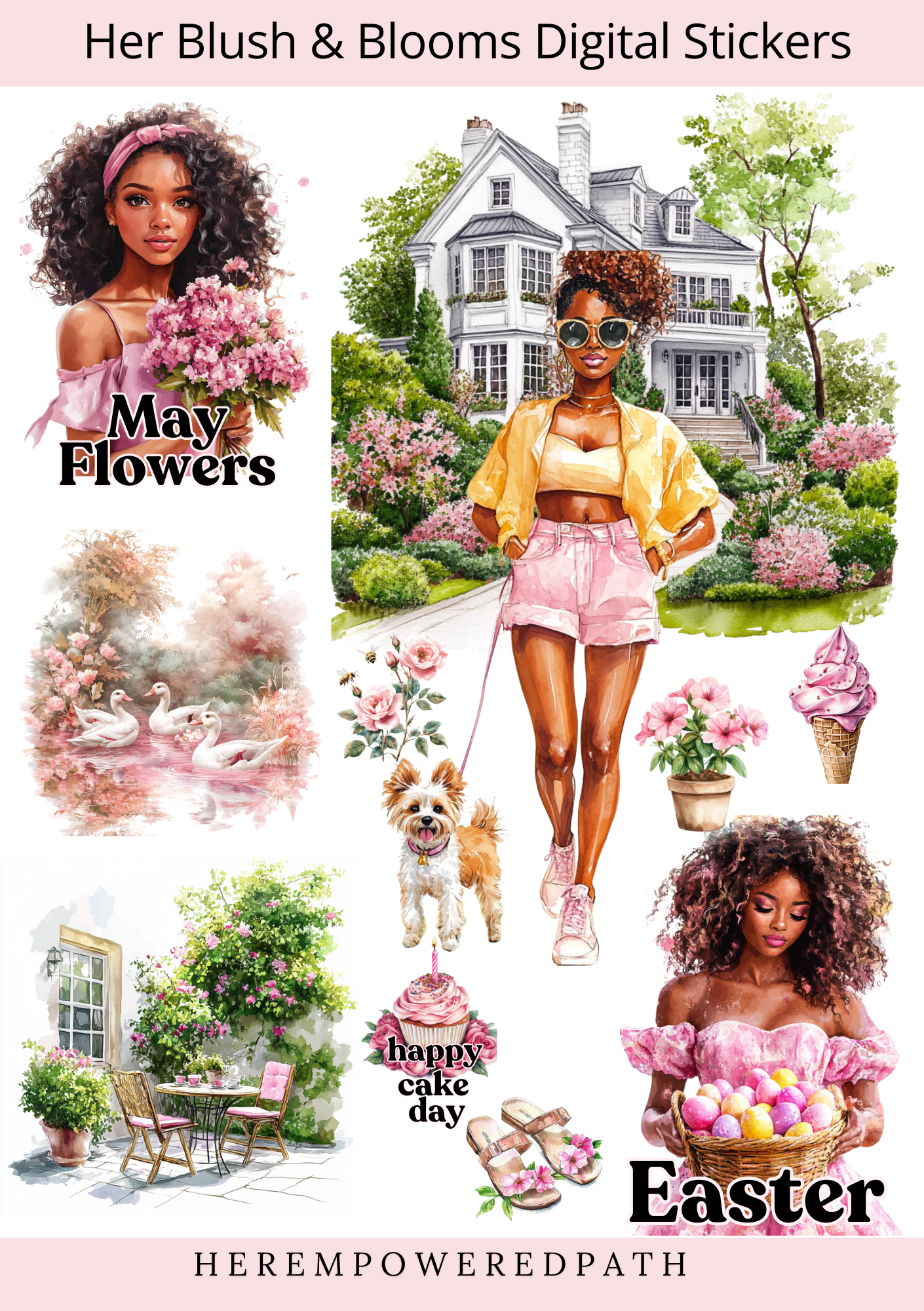Her Blush & Blooms Spring Collection - Pre-Cropped Digital Stickers 🌸✨ - Goodnotes Sticker Sheets - Best digital planner stickers for GoodNotes