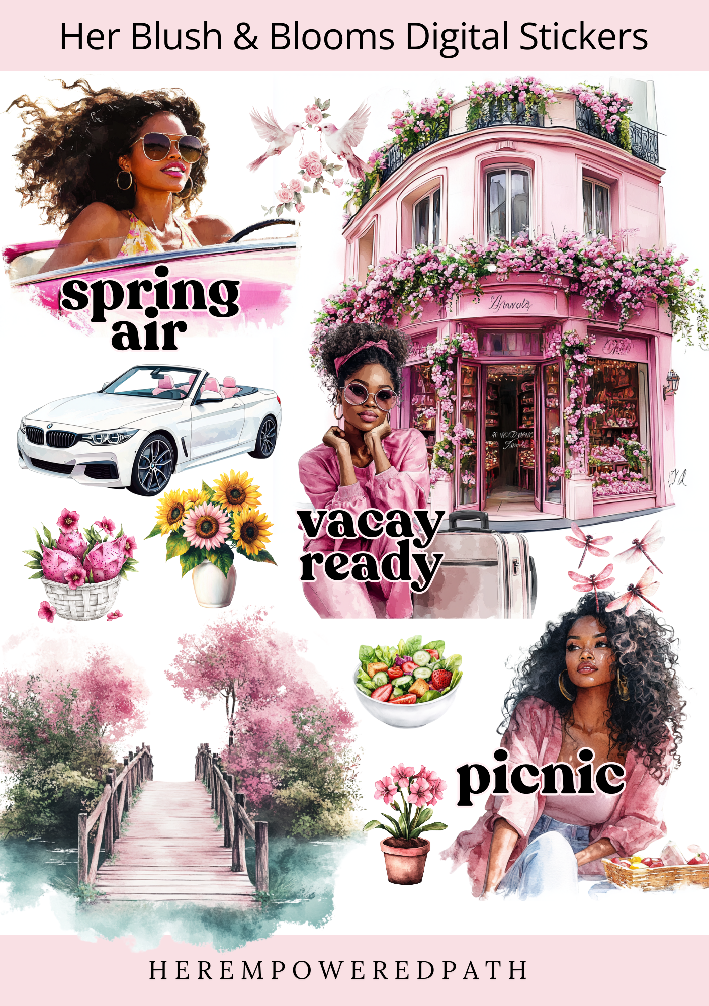 Her Blush & Blooms Spring Collection - Pre-Cropped Digital Stickers 🌸✨ - Goodnotes Sticker Sheets - Best digital planner stickers for GoodNotes