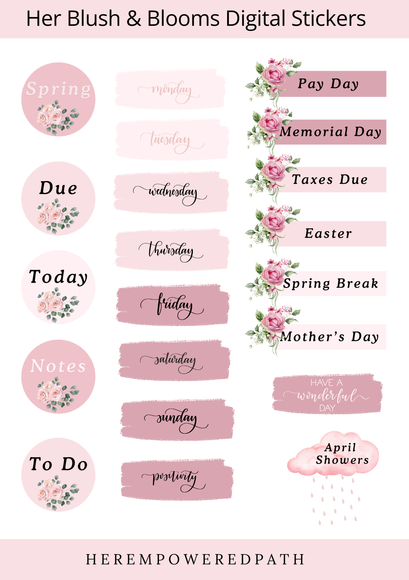 Her Blush & Blooms Spring Collection - Pre-Cropped Digital Stickers 🌸✨ - Goodnotes Sticker Sheets - Best digital planner stickers for GoodNotes