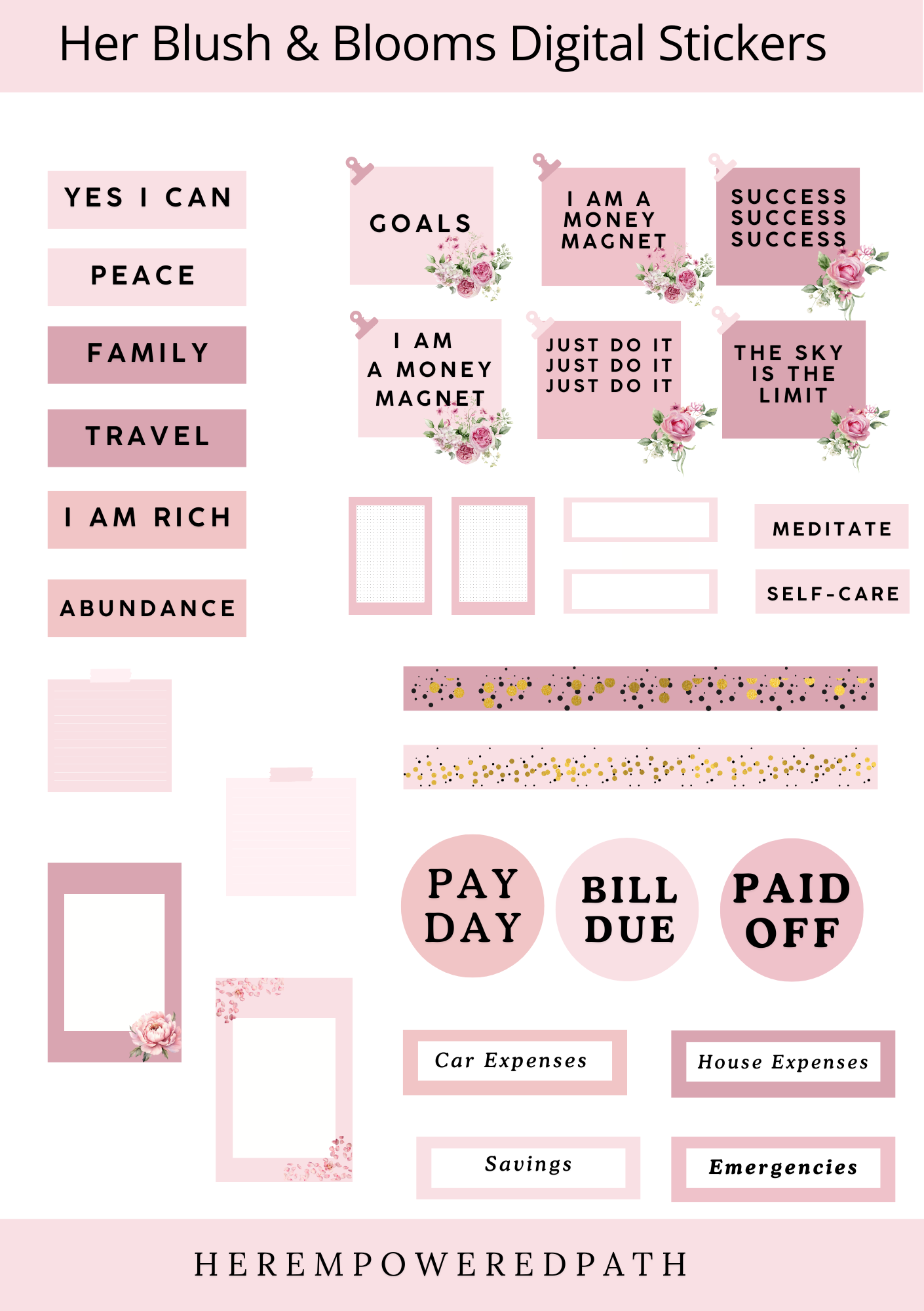 Her Blush & Blooms Spring Collection - Pre-Cropped Digital Stickers 🌸✨ - Goodnotes Sticker Sheets - Best digital planner stickers for GoodNotes