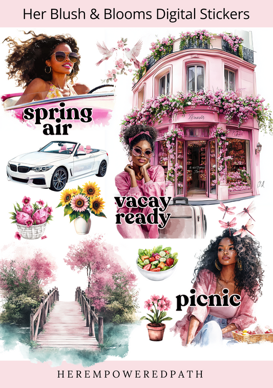 Her Blush & Blooms Spring Collection - Pre-Cropped Digital Stickers 🌸✨ - Goodnotes Sticker Sheets - Best digital planner stickers for GoodNotes